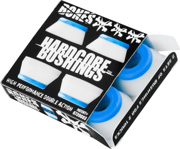 Skateboard Wheels with Tough Outer Coating-Bones Wheels Hardcore 4pc Soft White/Blue Bushings