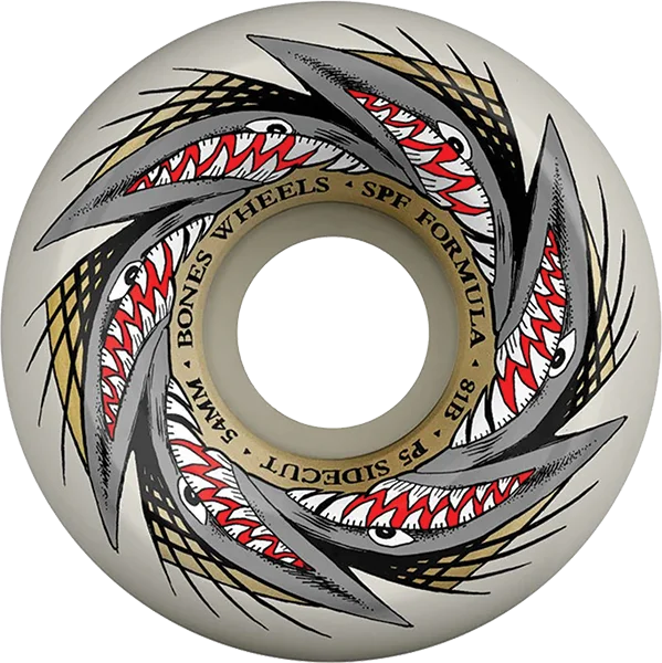 Skateboard Wheels for Smooth Control-Bones Wheels SPF P5 Sharknado 54mm 81b White W/Gold Skateboard Wheels (Set of 4)