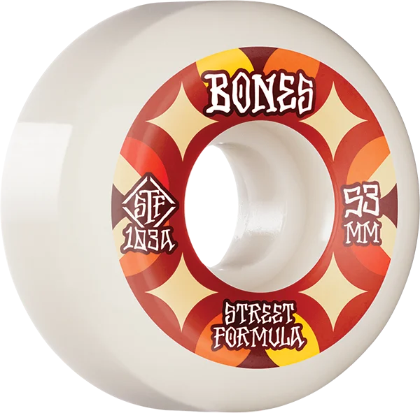 Skateboard Wheels for Performance on Smooth Roads-Bones Wheels STF V5 Retros 53mm 103a White Skateboard Wheels (Set of 4)