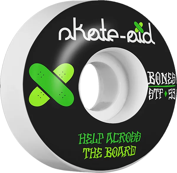 Skateboard Wheels with Enhanced Ride Quality-Bones Wheels STF Skate Aid II 53mm 83b White/Black W/Green Skateboard Wheels (Set of 4)