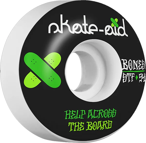 Skateboard Wheels for Skateboarding in All Conditions-Bones Wheels STF Skate Aid II 54mm 83b White/Black W/Green Skateboard Wheels (Set of 4)