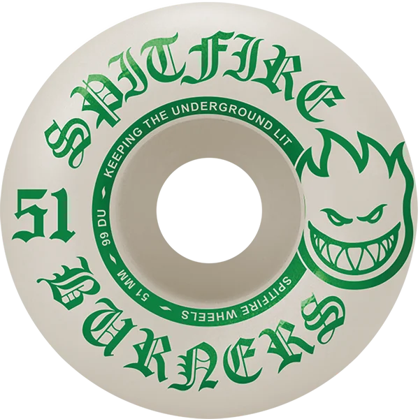 Skateboard Wheels with Advanced Grip Technology-Spitfire Burners 51mm 99a White/Green Skateboard Wheels (Set of 4)