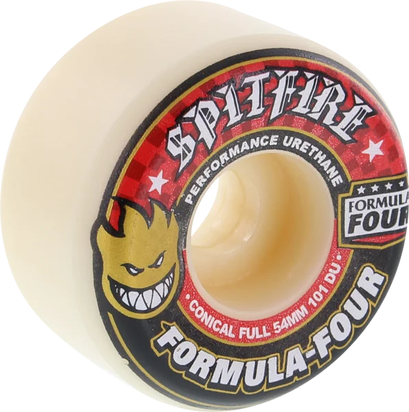 Skateboard Wheels with Medium Durometer-Spitfire F4 101a Conical Full 54mm White W/Red Skateboard Wheels (Set of 4)