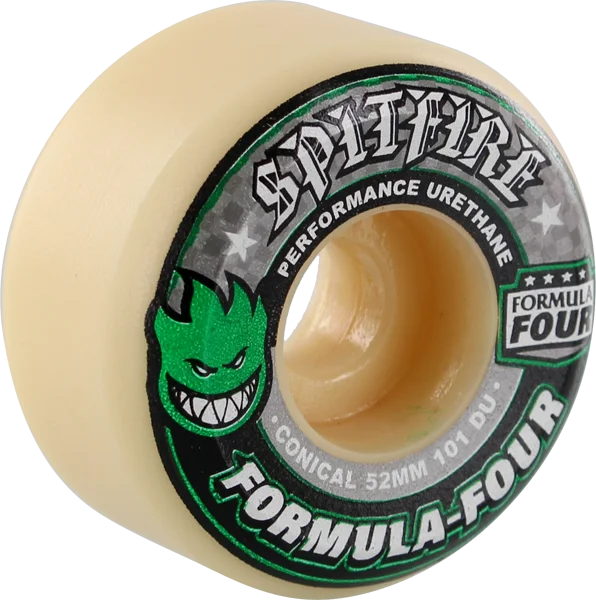 Skateboard Wheels for Versatile Street and Park Skating-Spitfire F4 101a Conical 52mm White W/Green & Black Skateboard Wheels (Set of 4)