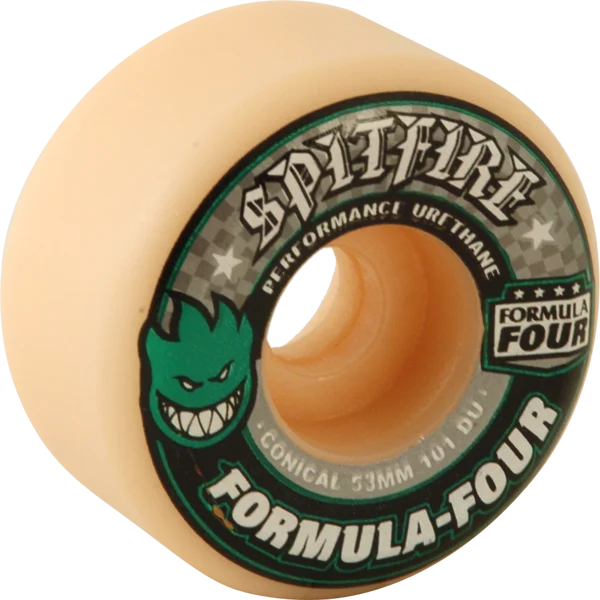 Skateboard Wheels for Aggressive Tricks-Spitfire F4 101a Conical 53mm White W/Green & Black Skateboard Wheels (Set of 4)