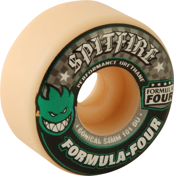 Skateboard Wheels for Expert Riders-Spitfire F4 101a Conical 54mm White W/Green & Black Skateboard Wheels (Set of 4)