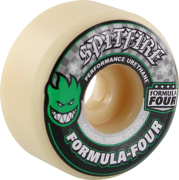 Skateboard Wheels for Skateboarding at High Speeds-Spitfire F4 101a Conical 56mm White W/Green & Black Skateboard Wheels (Set of 4)