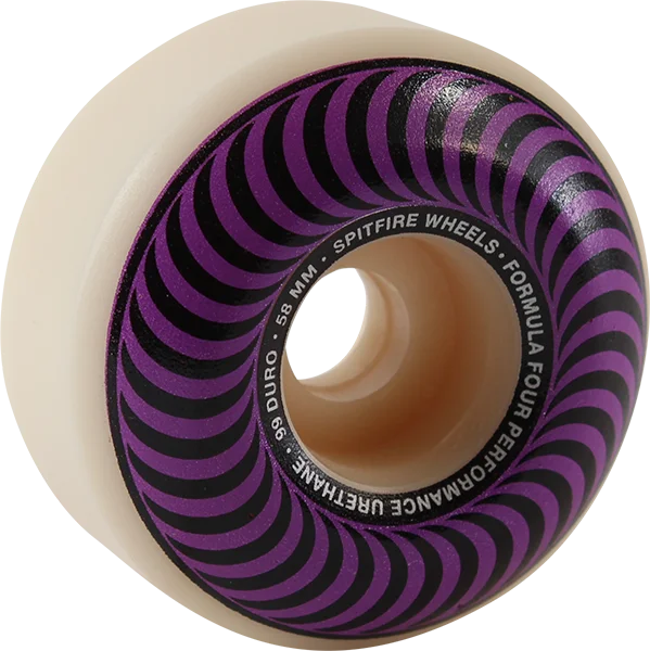 Skateboard Wheels with Extra Grip-Spitfire F4 99a Classic Swirl 58mm White W/Purple Skateboard Wheels (Set of 4)