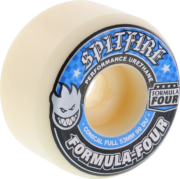 Custom Skateboard Wheels with Design-Spitfire F4 99a Conical Full 53mm White W/Blue Skateboard Wheels (Set of 4)