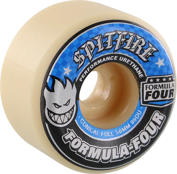 Skateboard Wheels for Downhill Speed-Spitfire F4 99a Conical Full 56mm White W/Blue Skateboard Wheels (Set of 4)