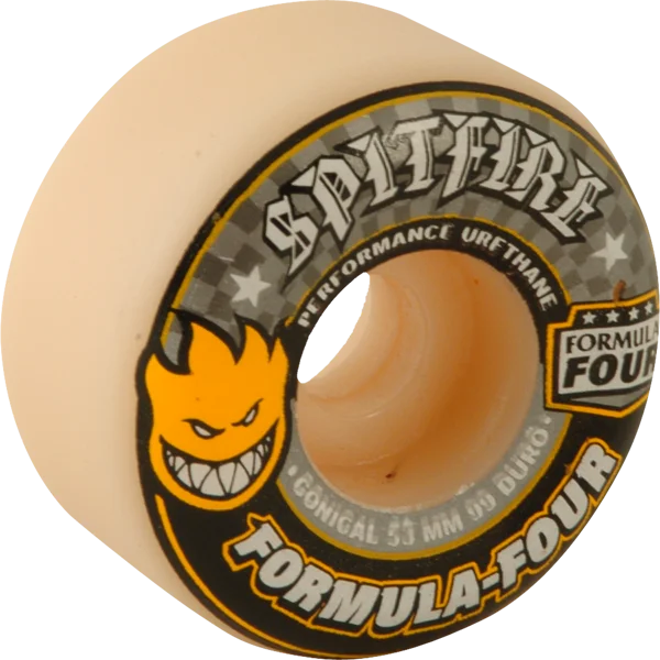 Skateboard Wheels for Rough Asphalt-Spitfire F4 99a Conical 53mm White W/Yellow & Black Skateboard Wheels (Set of 4)