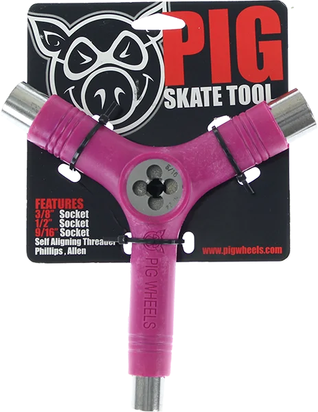 Skateboard Hardware for Maximum Power Transfer-Pig Skate Tool-Neon Pink Tri-Socket/Threader