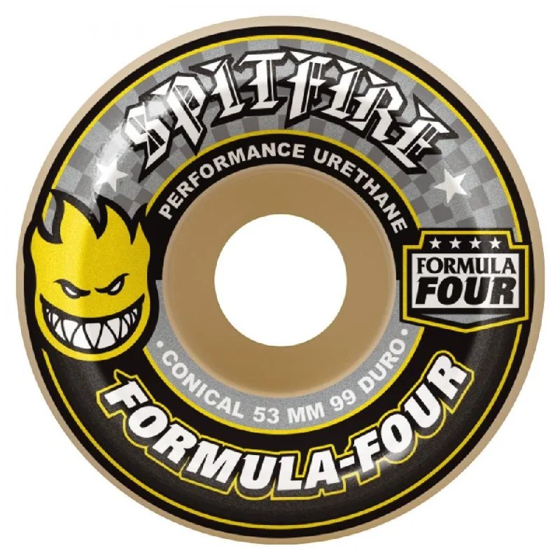 Skateboard Wheels with Hybrid Urethane-Spitfire Formula Four Skateboard Wheels Conical 99 DU (Yellow print) - White