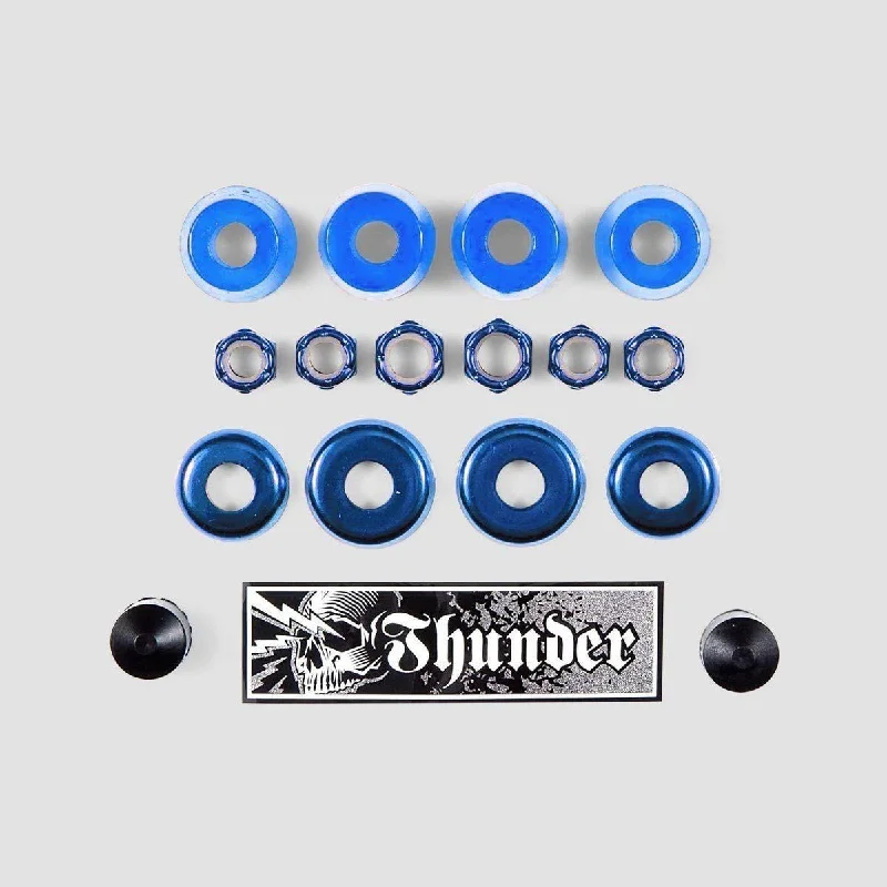 Skateboard Hardware with Shock Absorbing Features-Thunder Rebuild Kit Bushings Washers Axel And Kingpin Nuts Pivot Cup 95 Duro Blue x2