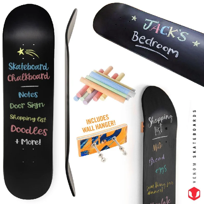 Skateboard Deck with Custom Wood Types-Venom Skateboards Kids Matt Black Chalkboard / Message Board / Bedroom Door Sign Skateboard Deck With Chalk Pack