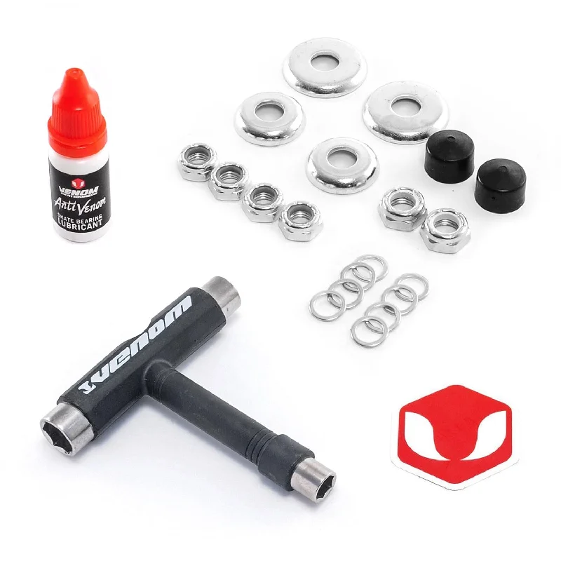 Custom Skateboard Hardware for Unique Builds-Venom Skateboards T Tool Black, Bearing Lubricant & Truck Rebuild Gift Pack