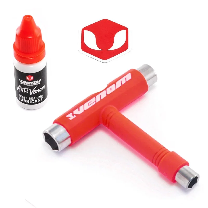 Skateboard Hardware for Strong Deck Mounting-Venom Skateboards T Tool Red & Bearing Lubricant Gift Pack