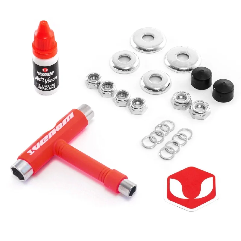 Skateboard Hardware with Strong Bolts-Venom Skateboards T Tool Red, Bearing Lubricant & Truck Rebuild Gift Pack